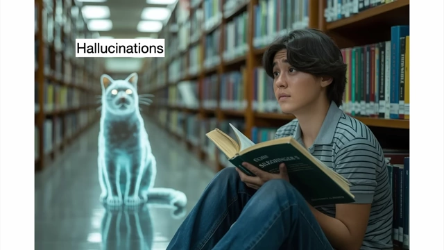 Image symbolizing hallucinations as a glowing cat visible only to one person in a library