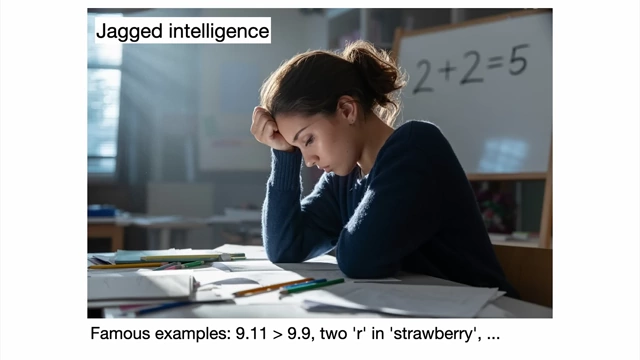 Image depicting a person struggling with simple math (2+2=5), symbolizing jagged intelligence in LLMs