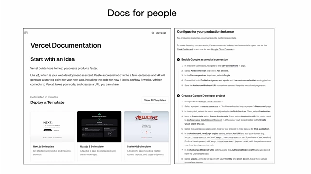 Example of Vercel documentation formatted for people, showing lists, bold text, and images, which are not directly accessible to LLMs