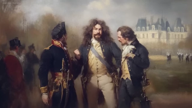 A painting illustrating the arrest of Nicolas Fouquet outside his grand estate.