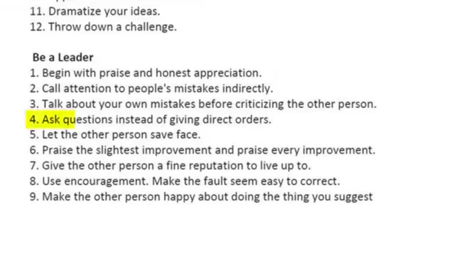 An excerpt from "How to Win Friends and Influence People" highlighting the advice to "Ask questions instead of giving direct orders".