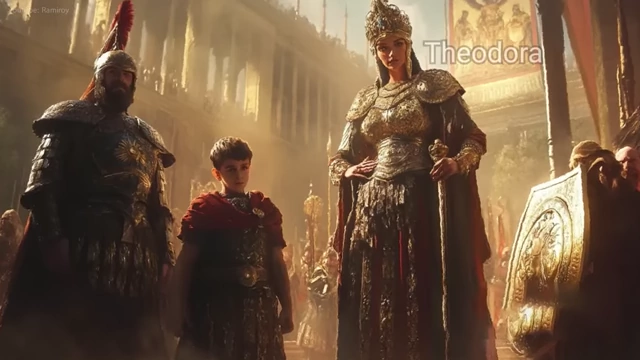 A painting depicting Empress Theodora with a young Michael III and a military figure.