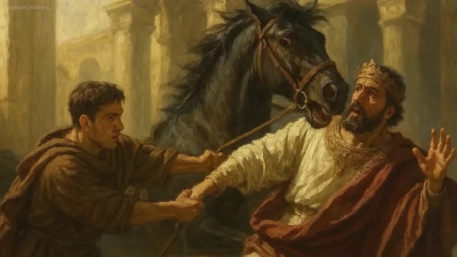 A painting showing Basilius saving Michael III from a wild horse.