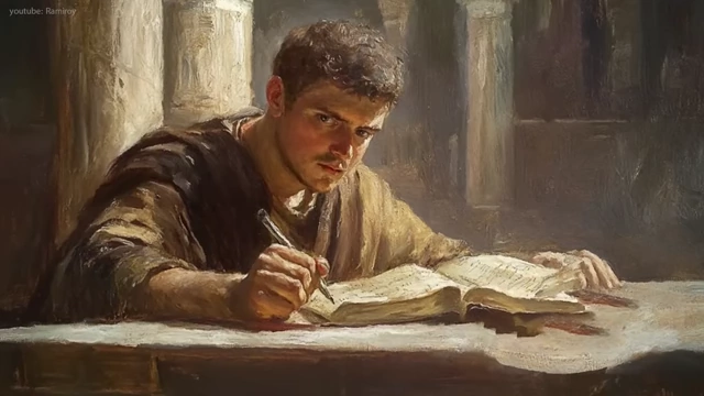 An illustration depicting Basilius diligently studying.