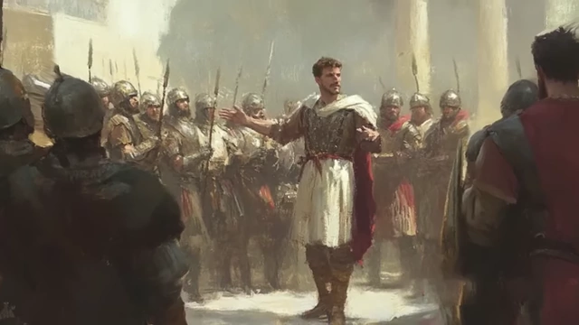A painting showing Basilius addressing an army, illustrating his rise to power.