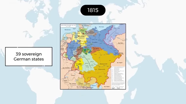 A map illustrating the 39 sovereign German states in 1815.