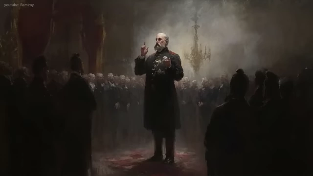 A painting of Otto von Bismarck delivering a speech to an assembled audience.