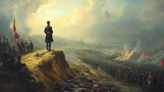 A painting of a battle scene, depicting the victorious Prussian forces.