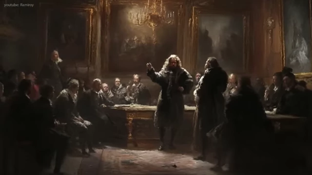 A painting showing ministers and nobles gathered, presenting ideas to King Louis XIV.