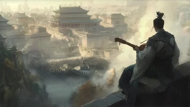 A painting showing Zhuge Liang calmly sitting on a city wall playing a lute while an enemy army approaches.