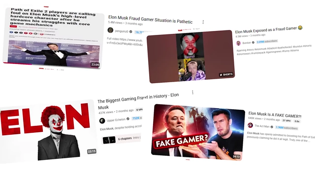 A screenshot of news headlines about Elon Musk being called a "fake gamer" and a "fraud".