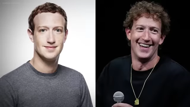 A side-by-side comparison of Mark Zuckerberg's old and new public images, highlighting his rebranding efforts.