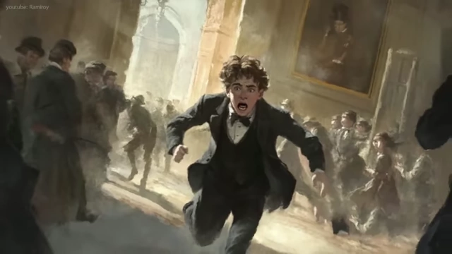 A dramatic painting depicting P.T. Barnum being mistaken for a murderer in a black suit by a crowd.