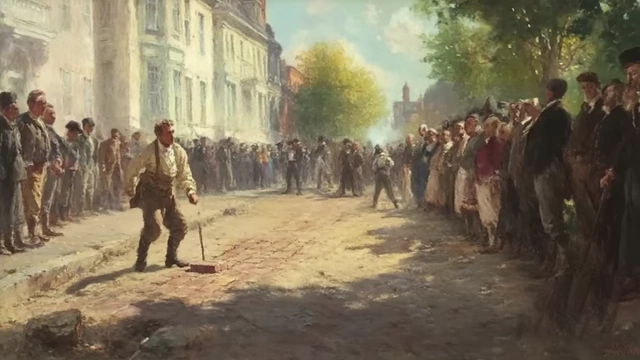 A painting of a crowd of people watching a man lay bricks on the street, illustrating P.T. Barnum's attention-grabbing tactic.