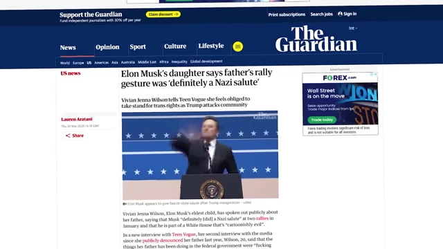 News headlines about Elon Musk's daughter calling his rally gesture a "Nazi salute" and Kanye West's controversial claims.