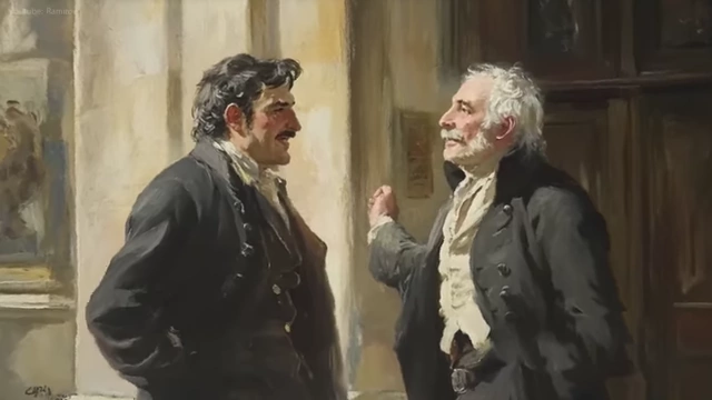A painting depicting Nikola Tesla and Thomas Edison having a discussion.