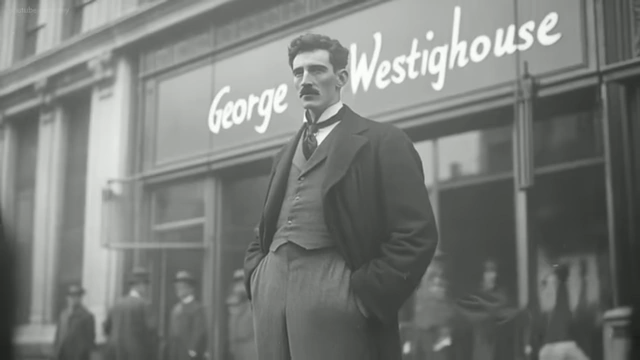 A black and white photo of George Westinghouse standing in front of his company building.