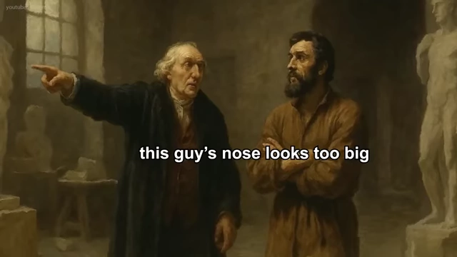 A painting of the Mayor of Florence pointing at the nose of Michelangelo's statue of David.