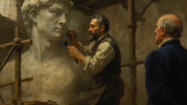 A painting depicting Michelangelo on scaffolding, feigning to adjust the nose of his statue of David, while the mayor watches.