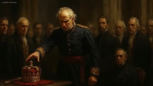 A painting showing King Ludwig I of Bavaria placing his crown on a table, signifying his abdication.