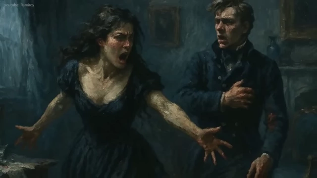 A painting showing Lola Montez, agitated, slashing George Heild with a knife.