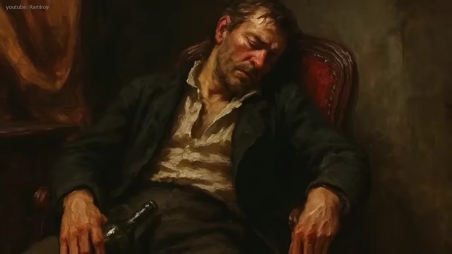 A painting depicting Patrick Hull, looking despondent and holding a bottle, symbolizing his descent into alcoholism.