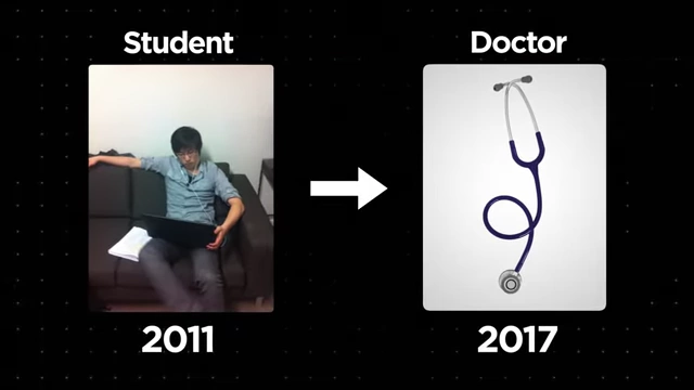 Visual timeline showing the speaker's journey from a student in 2011 to a doctor in 2017.