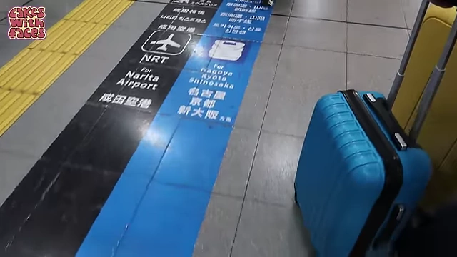 Blue lines on the ground guiding to Shinkansen and airport routes