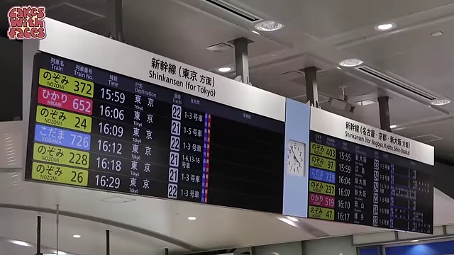 Shinkansen departure board showing train types, times, destinations, and track numbers