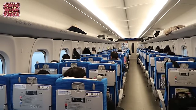 Interior of a Shinkansen Standard Car, showing overhead luggage racks and seats