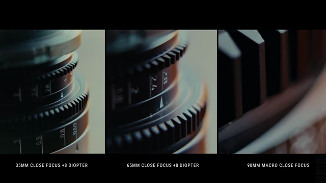 Side-by-side comparison of 35mm anamorphic (+8), 65mm anamorphic (+8), and 90mm macro lens close focus