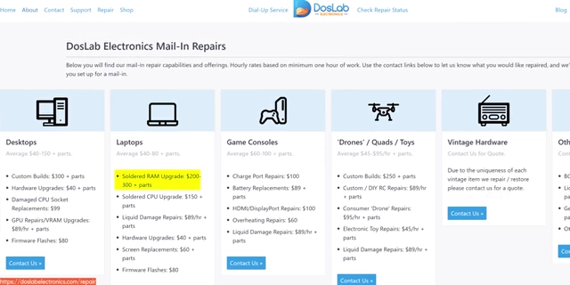DosLab Electronics Mail-in Repairs showing upgrade pricing for soldered RAM