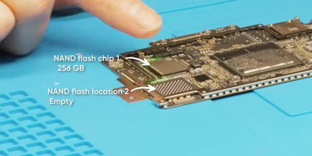M2 MacBook Air logic board showing single NAND and empty second NAND location