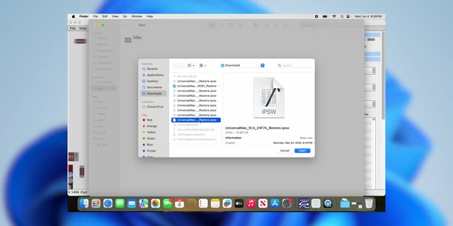 Apple Configurator restore screen, showing the IPSW file selection
