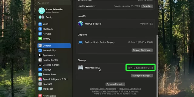 "About This Mac" showing the M2 MacBook Air successfully upgraded to 2TB storage