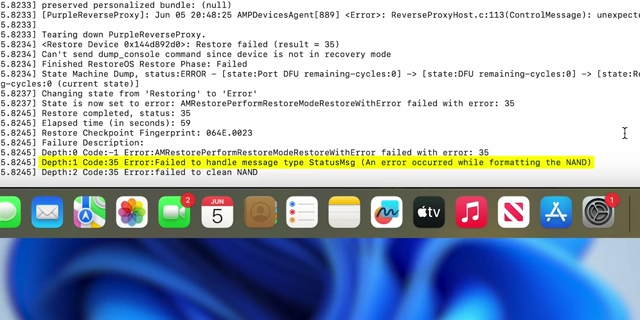 The "An error occurred while formatting the NAND" message during the Mac Mini DFU restore