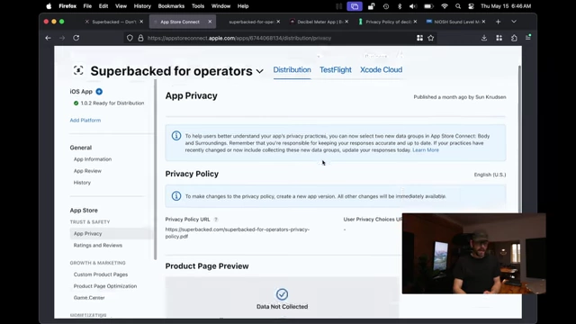 Superbacked for operators应用在App Store Connect中声明“不收集数据”，展示了开发者向Apple提交隐私政策的界面。