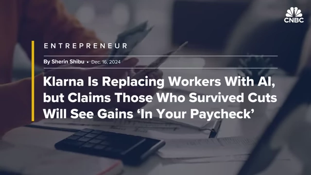 News headline about Klarna replacing workers with AI and increasing compensation for survivors