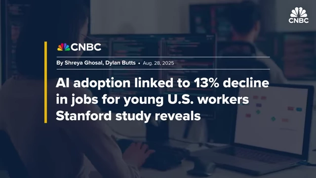 News headline about AI adoption linked to a 13% decline in jobs for young U.S. workers