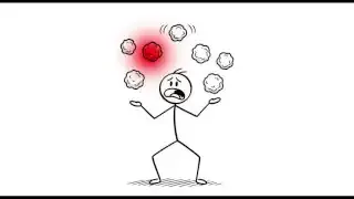 A stick figure with a panicked expression, multiple thoughts (represented by glowing red and white balls) being juggled and falling.