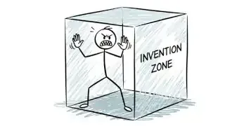 A stick figure trapped inside a box labeled "INVENTION ZONE", looking distressed.