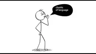 A stick figure blowing out a speech bubble containing "chunks of language", representing the use of prefabricated phrases.