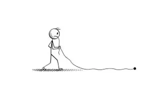 A stick figure pulling a long string that ends with a dot, symbolizing completing a thought.
