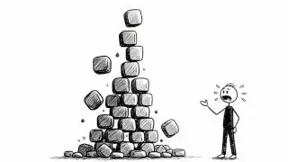 A stick figure looking at a collapsing tower of blocks, representing a conversation that falls apart due to lack of structure.