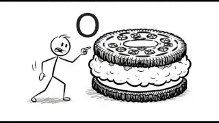 A stick figure pointing at a layered cookie, representing the OREO framework for structuring opinions.