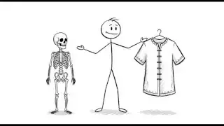 A stick figure explaining to a skeleton and holding up a piece of clothing, illustrating that frameworks are neutral skeletons to be dressed in cultural clothing.