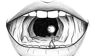 A stick figure inside an open mouth, exploring its internal space, representing kinesthetic awareness exercises.