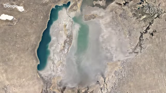 Satellite image showing the significant shrinking of the Aral Sea by 2012