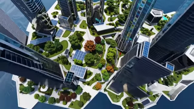 Architectural render of proposed solar cities around the hypothetical sea