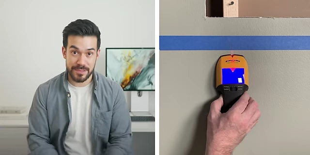 A stud finder in use, identifying the location of a stud behind a wall to prevent drilling into wires or pipes.